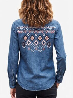 Hollister Western Blue Denim Button-Up Shirt Embroidered Southwestern Boho Small